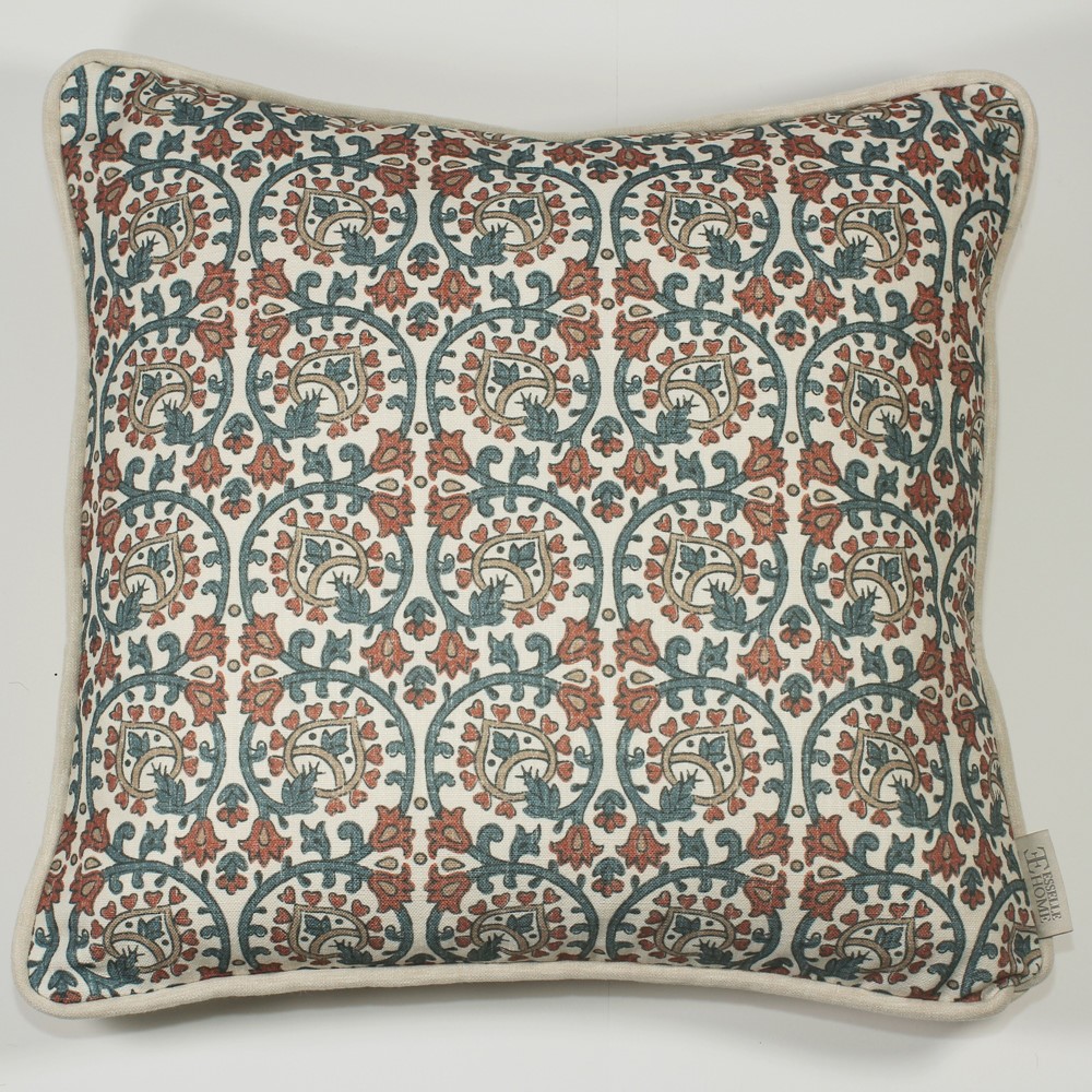 Veda Linen Floral Vine Cushion in Spice Blue